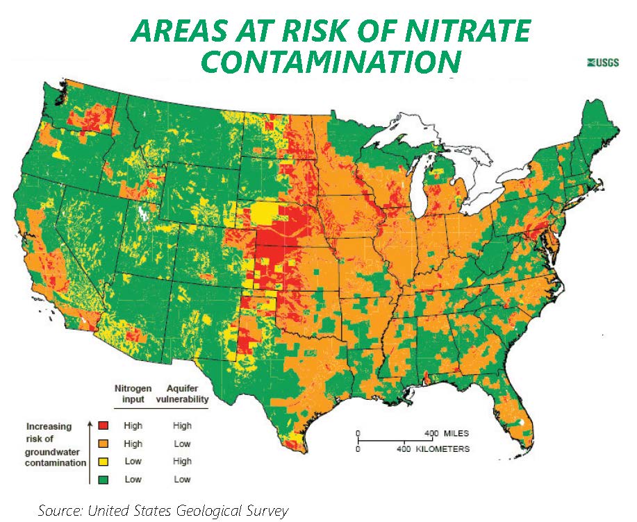 This map shows areas at risk of nitrate contamination, where managing nitrate becomes even more important. 
