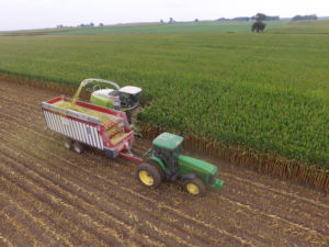 a combine and grain bin harvesting a field