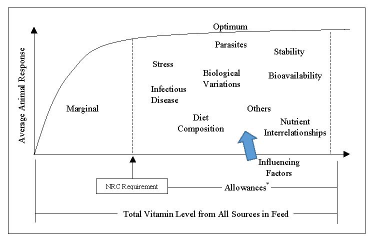 Line graph comparing average animal response to total vitamin level from all sources in feed