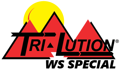 Tri-Lution logo with three red mountains in front of a yellow sun